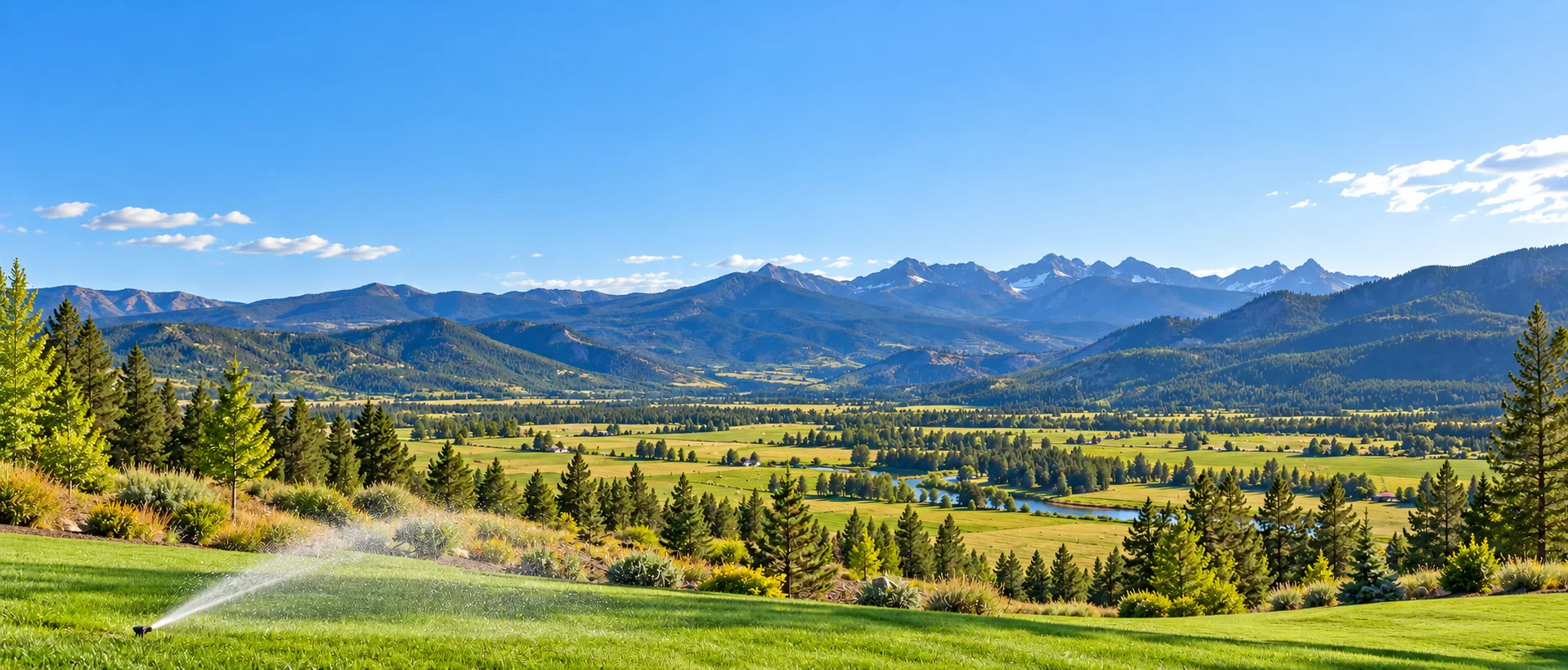 A sprinkler watering green grass overlooking farmland and mountains.