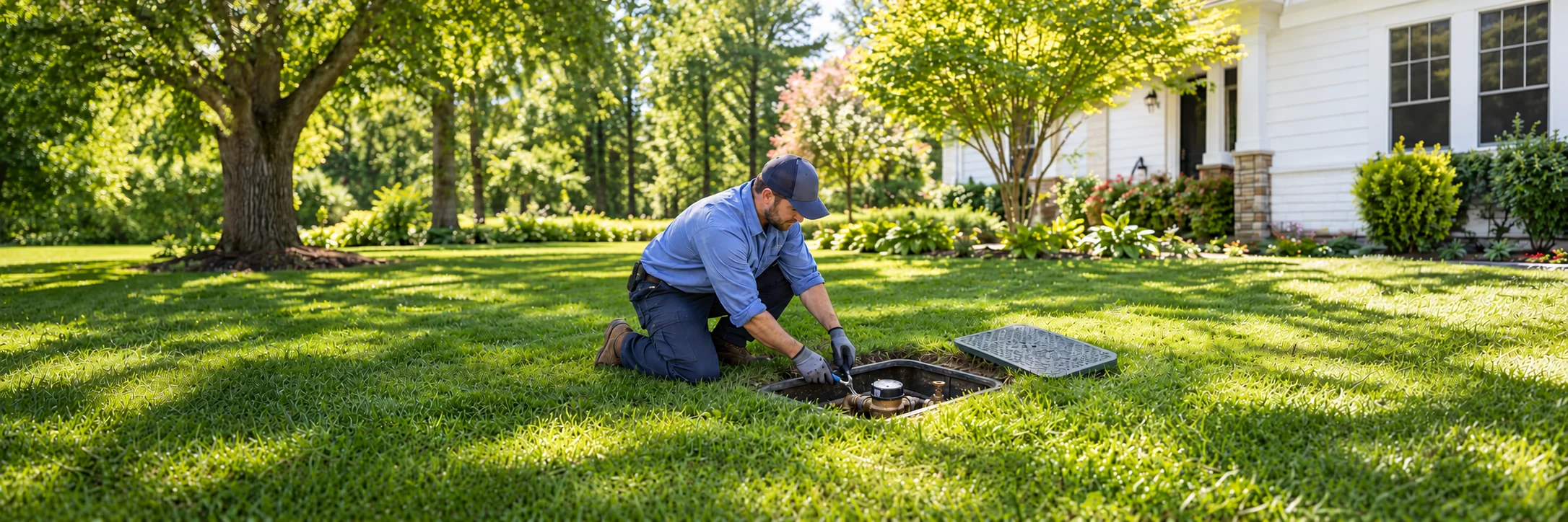 A utility worker kneeling in a green lawn to work on a residential water meter, with trees and a white house behind him.